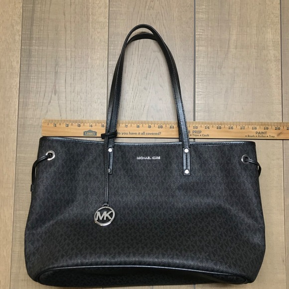 Michael Kors Purse Black Jet Set Travel Logo Large Shoulder Tote Bag Pebbled - Picture 13 of 16